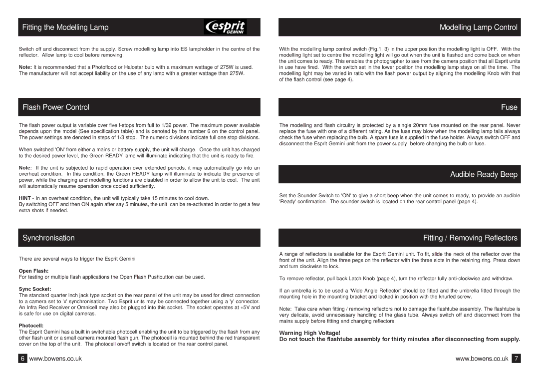 Bowens Bwl-0353 manual Fitting the Modelling Lamp Modelling Lamp Control, Flash Power Control, Fuse, Audible Ready Beep 