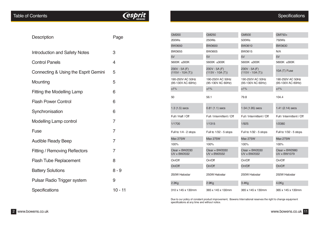 Bowens BWL-0353/2 (05/07) manual Table of Contents, Specifications 