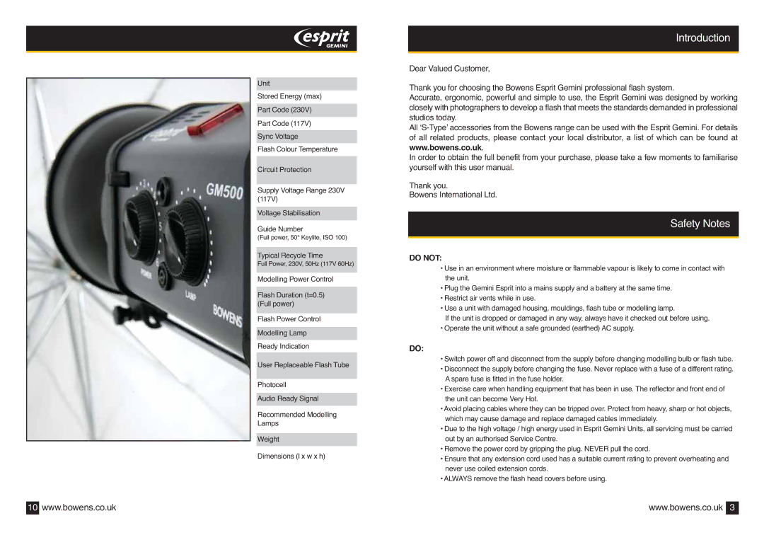 Bowens BWL-0353/2 (05/07) manual Introduction, Safety Notes 