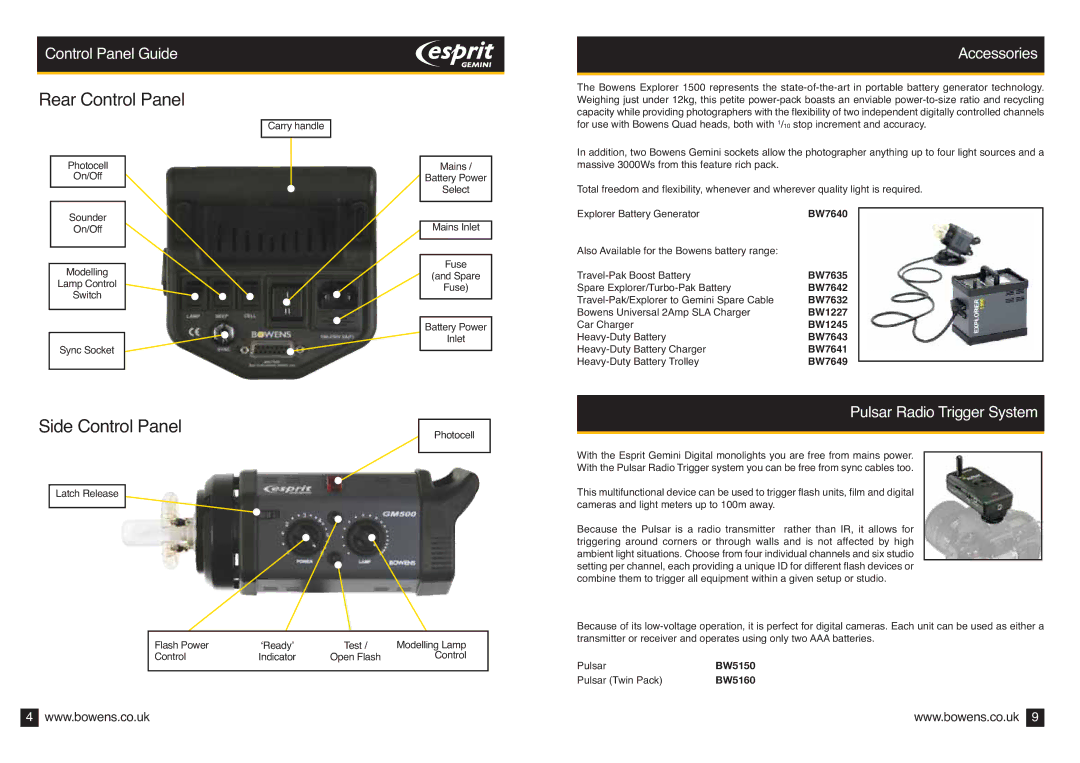 Bowens BWL-0353/2 (05/07) manual Control Panel Guide, Accessories, Pulsar Radio Trigger System 