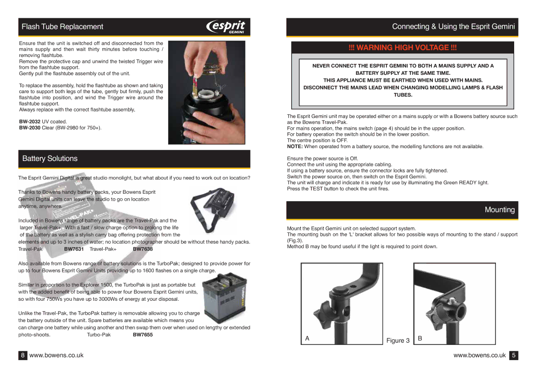 Bowens BWL-0353/2 (05/07) manual Flash Tube Replacement, Battery Solutions, Connecting & Using the Esprit Gemini, Mounting 