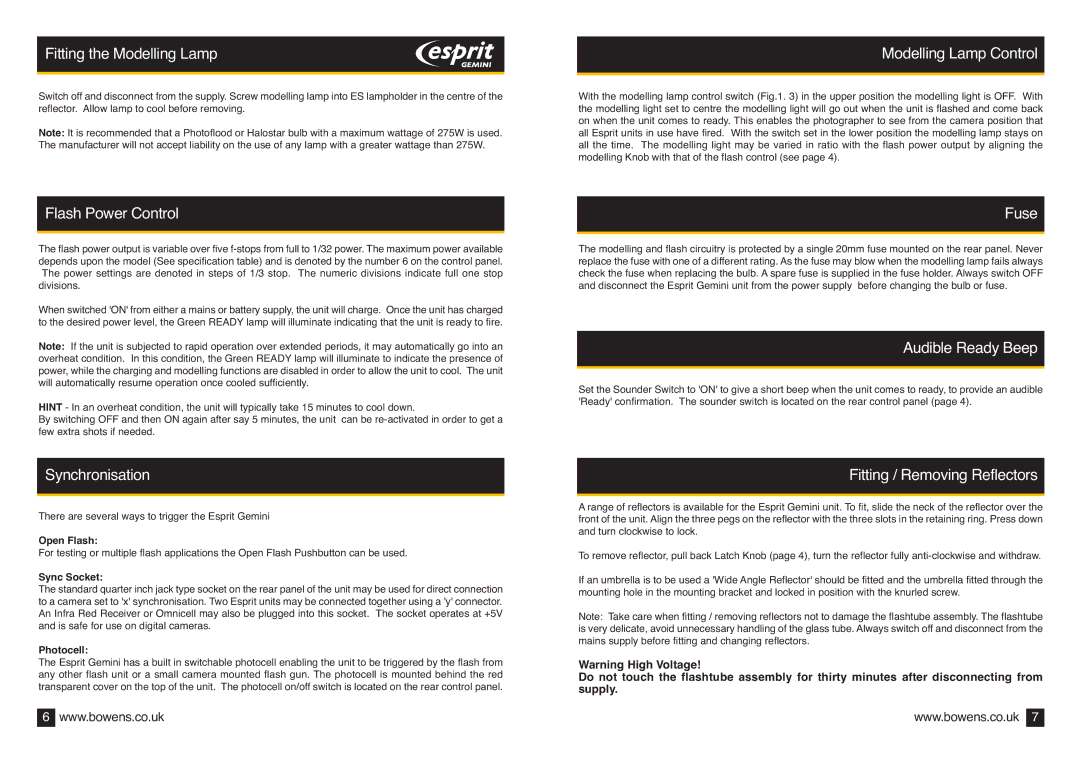 Bowens BWL-0353/2 (05/07) Fitting the Modelling Lamp, Flash Power Control, Synchronisation, Modelling Lamp Control, Fuse 