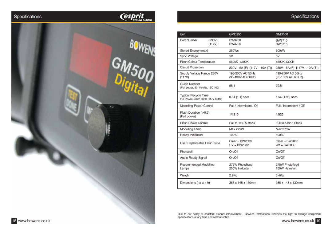 Bowens BWL-0410 operating instructions Specifications, Unit GMD250 GMD500 