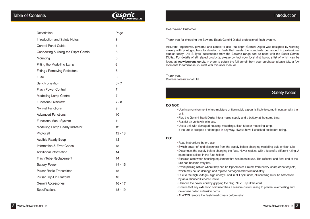 Bowens BWL-0410 operating instructions Table of Contents, Introduction, Safety Notes 