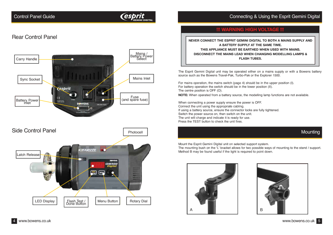 Bowens BWL-0410 operating instructions Side Control Panel, Mounting 