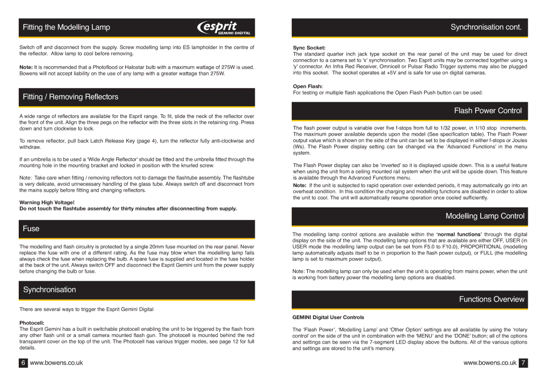 Bowens BWL-0410 Fitting the Modelling Lamp, Fitting / Removing Reflectors, Fuse, Synchronisation, Flash Power Control 