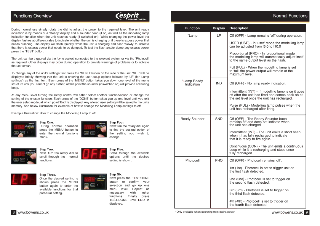 Bowens BWL-0410 operating instructions Normal Functions, Function Display Description 