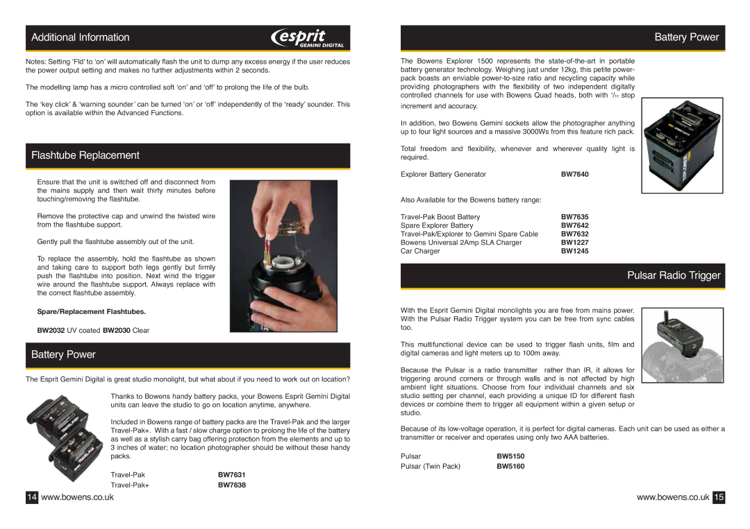 Bowens BWL-0410 operating instructions Additional Information, Flashtube Replacement, Battery Power, Pulsar Radio Trigger 