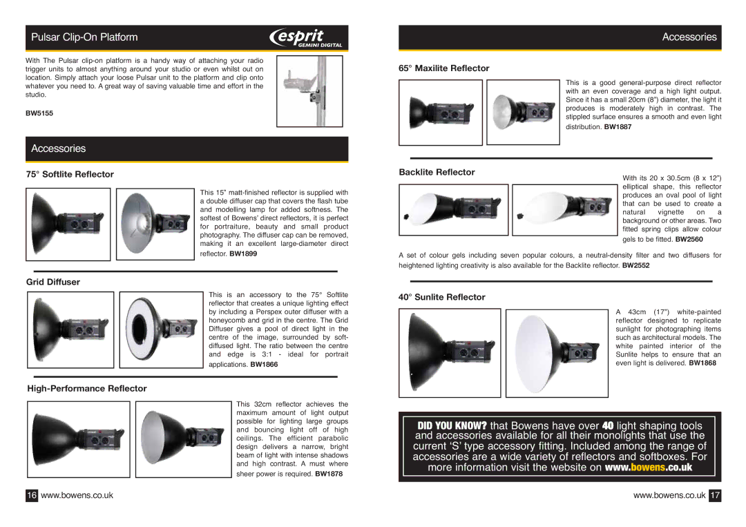 Bowens BWL-0410 operating instructions Pulsar Clip-On Platform, Accessories 