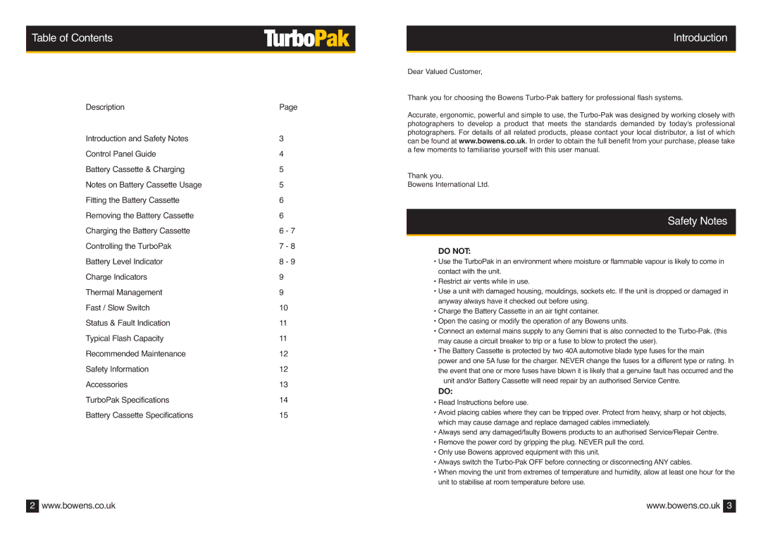 Bowens BWL-0440 operating instructions Table of Contents, Introduction, Safety Notes 