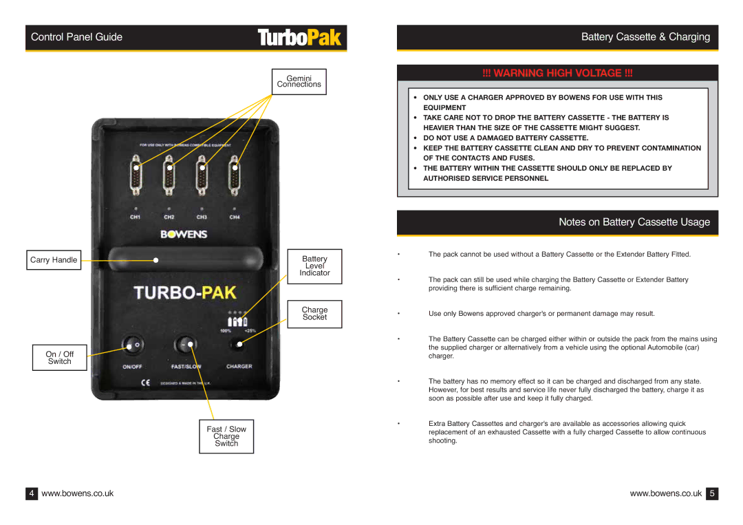 Bowens BWL-0440 operating instructions Control Panel Guide, Battery Cassette & Charging 