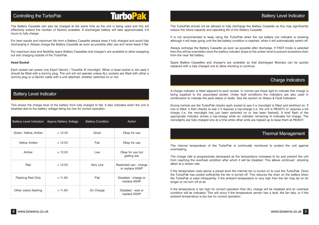 Bowens BWL-0440 operating instructions Battery Level Indicator, Charge Indicators, Thermal Management, Head Socket 