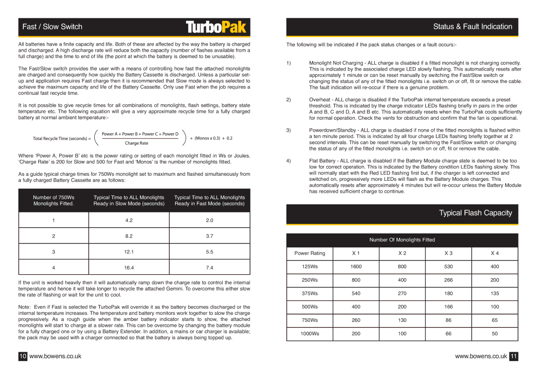 Bowens BWL-0440 operating instructions Fast / Slow Switch, Status & Fault Indication, Typical Flash Capacity 