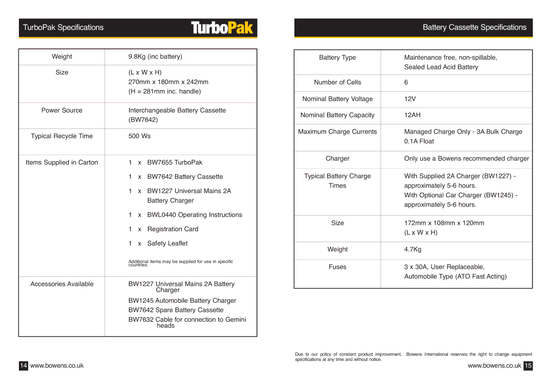 Bowens BWL-0440 operating instructions TurboPak Specifications, Battery Cassette Specifications 