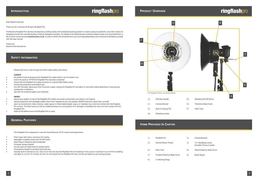 Bowens BWL-0485 manual Imntroductionountingringflash PRO to Light Stand, Safety Information, General Features 