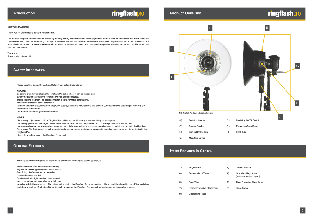 Bowens BWL-0485 manual Imntroductionountingringflash Pro To Light Stand, Safety Information, General Features, Db F G 