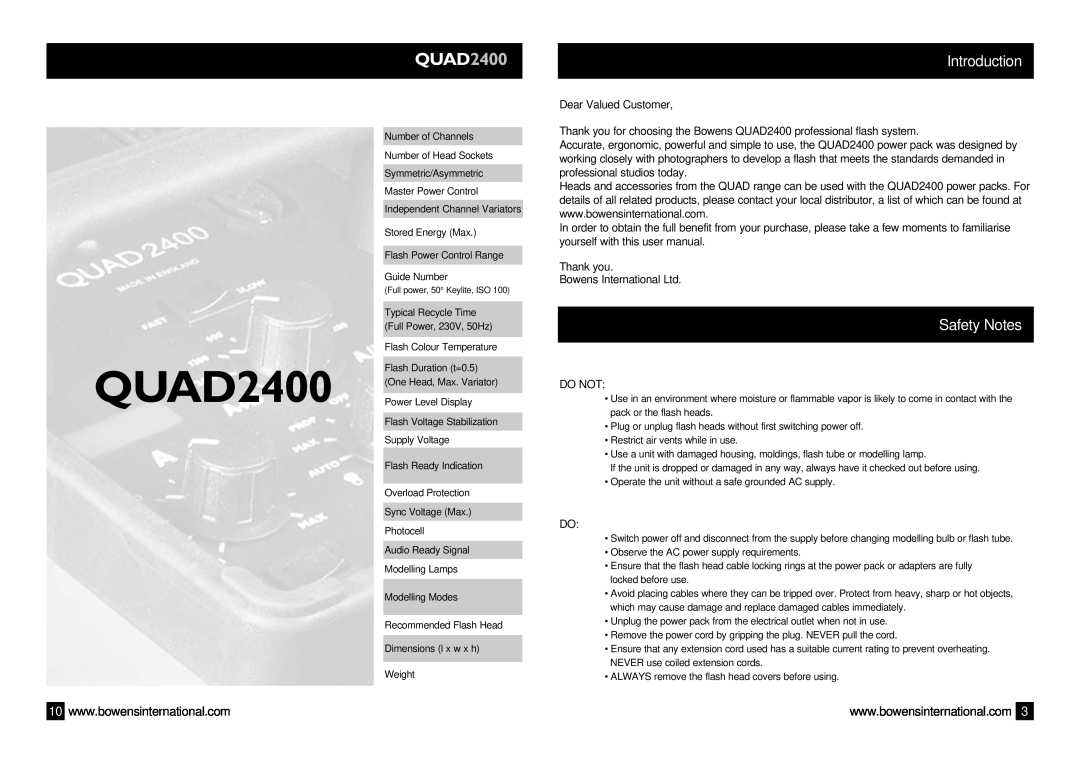 Bowens QUAD2400 manual Introduction, Safety Notes, Dear Valued Customer, Thank you, Do Not 