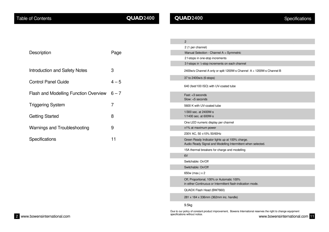 Bowens QUAD2400 manual Table of Contents, Specifications 