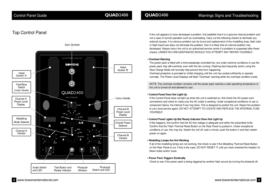 Bowens QUAD2400 manual Top Control Panel, Control Panel Guide 