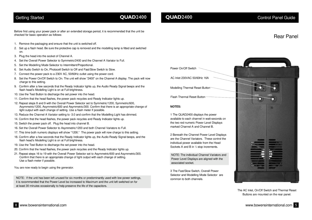 Bowens QUAD2400 manual Rear Panel, Getting Started 