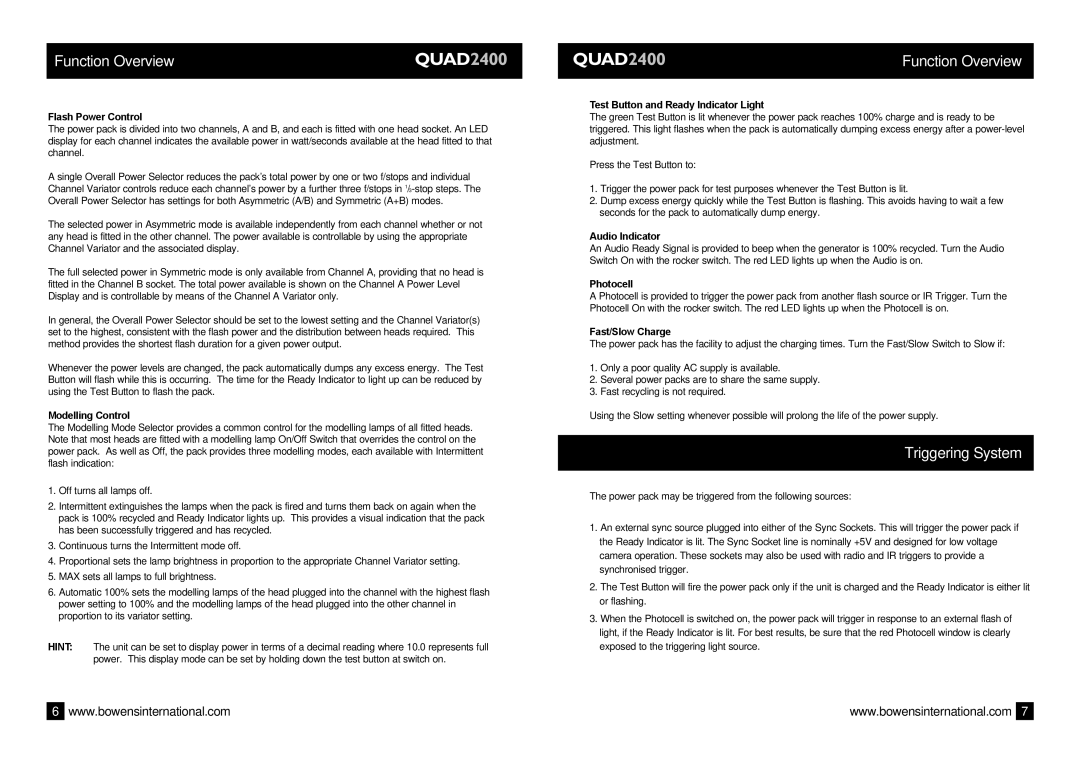 Bowens QUAD2400 manual Function Overview, Triggering System 