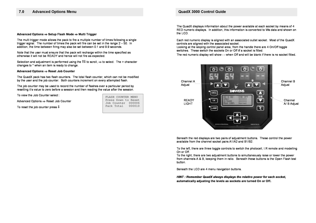 Bowens Advanced Options Menu, QuadX 3000 Control Guide, Advanced Options ⇒ Setup Flash Mode ⇒ Multi Trigger 