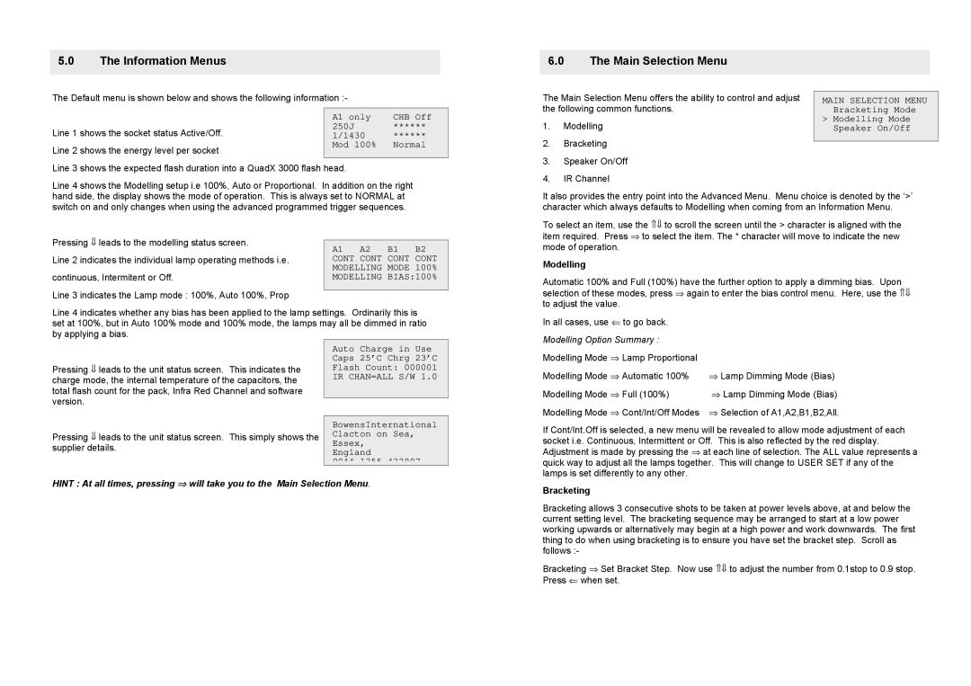 Bowens QuadX 3000 operating instructions Cont Modelling, Ir Chan=All S/W, Bracketing 