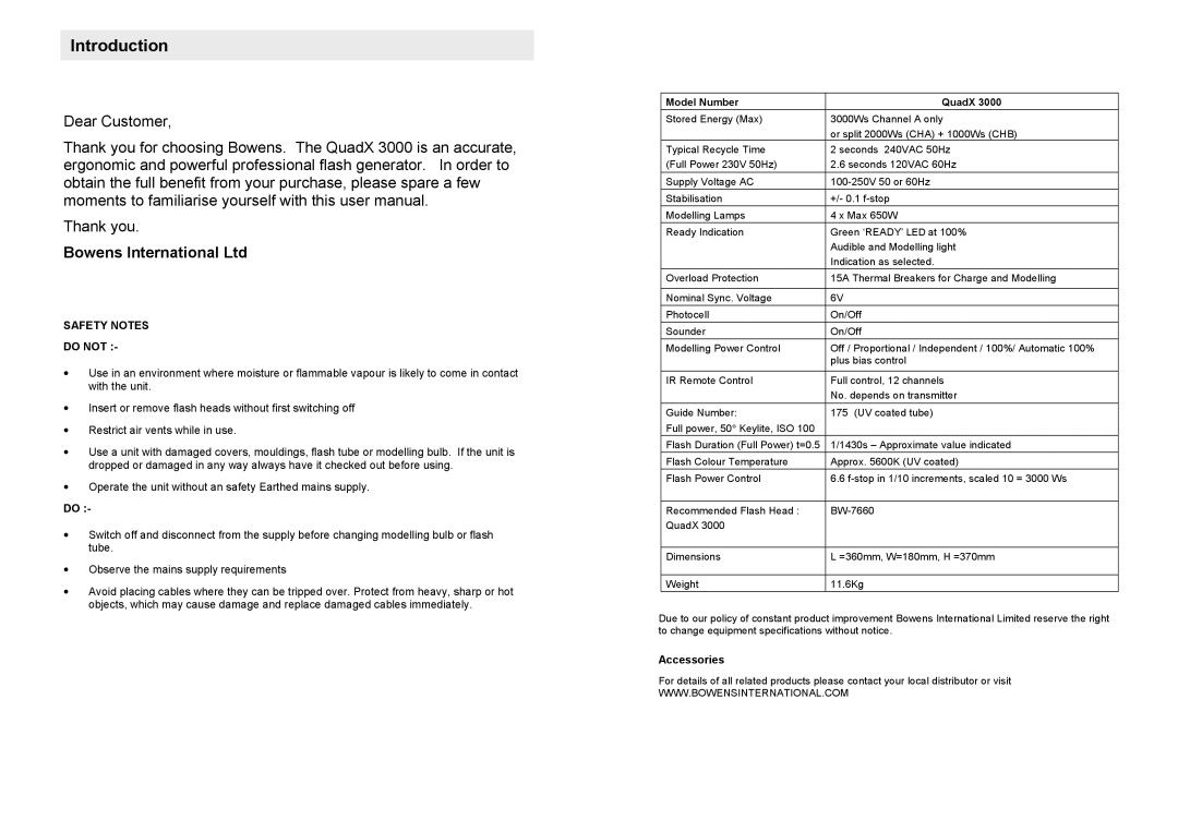 Bowens QuadX 3000 operating instructions Introduction, Accessories 