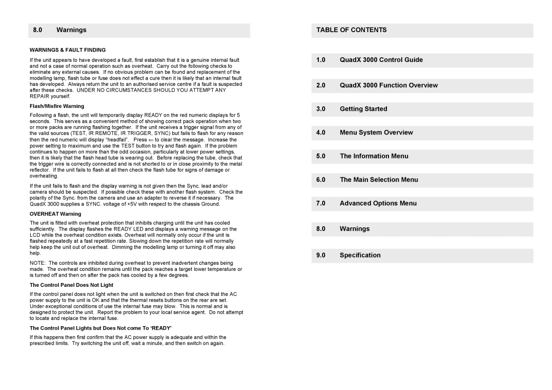 Bowens QuadX 3000 operating instructions Table of Contents 