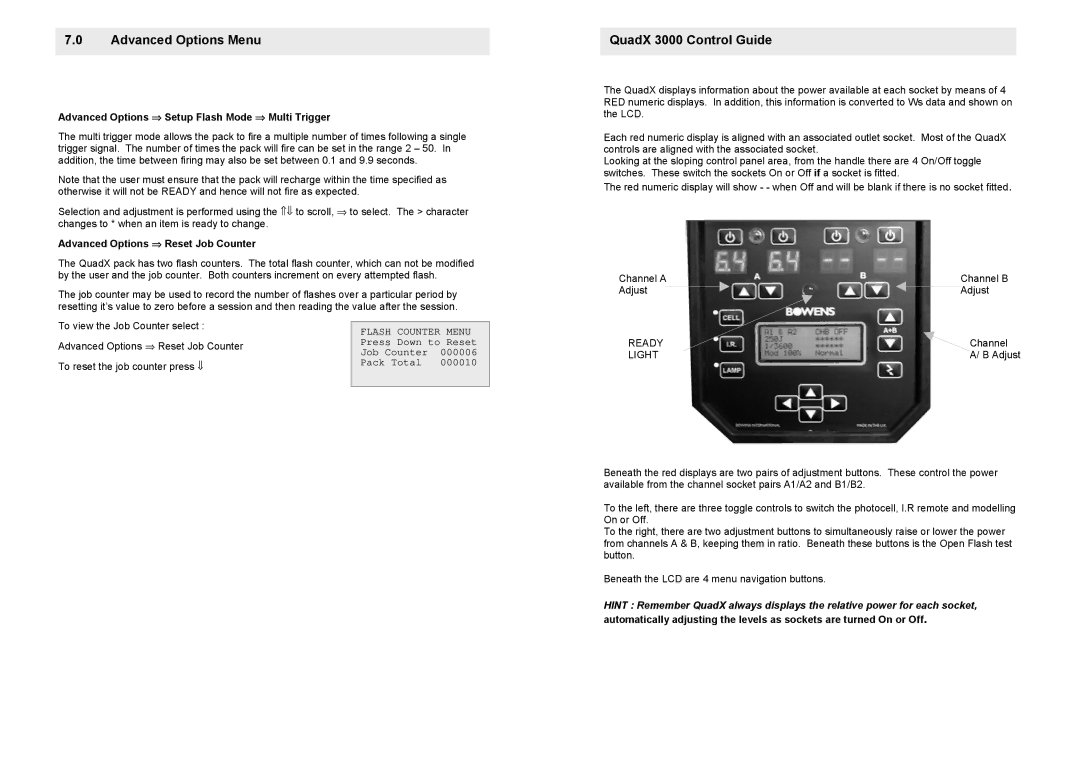 Bowens QuadX 3000 Advanced Options ⇒ Setup Flash Mode ⇒ Multi Trigger, Advanced Options ⇒ Reset Job Counter 