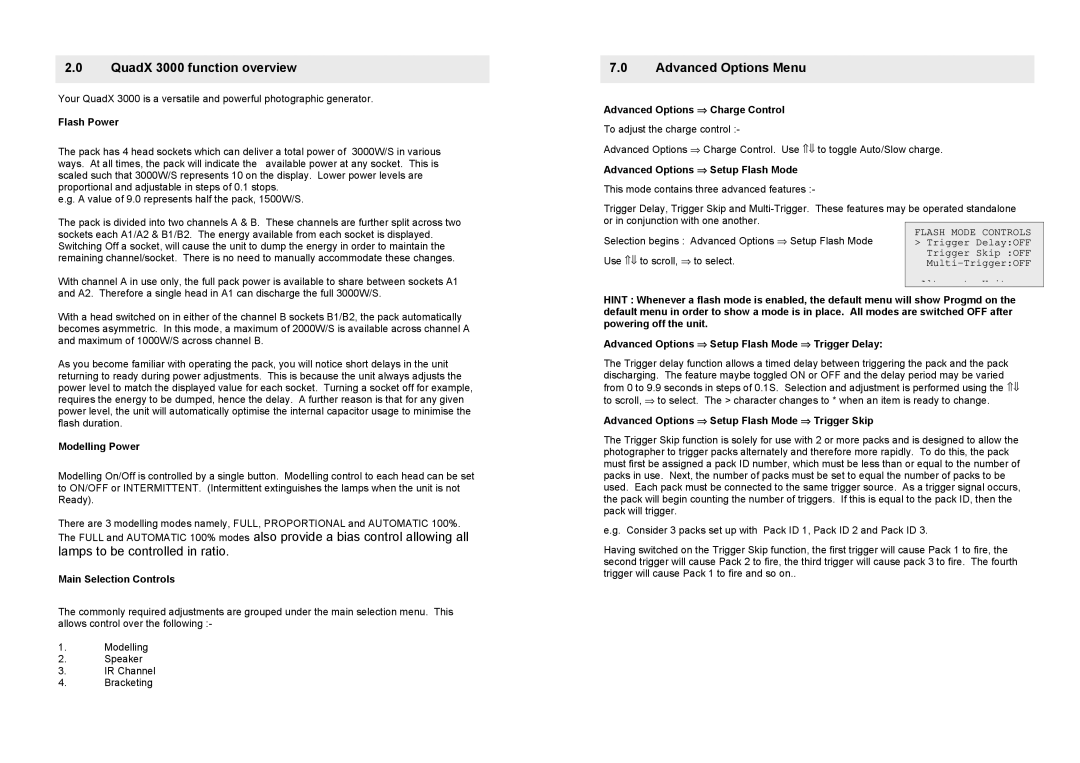 Bowens QuadX 3000 Flash Power, Modelling Power, Main Selection Controls, Charge Control, Setup Flash Mode 