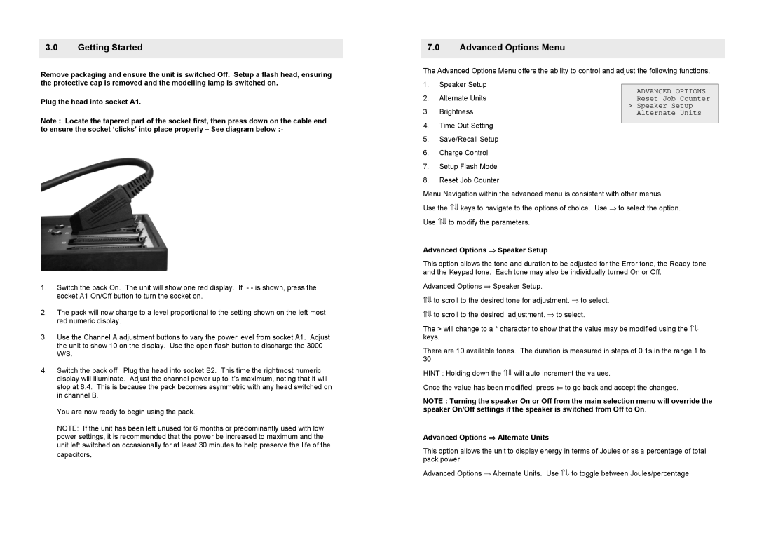 Bowens QuadX 3000 operating instructions Advanced Options ⇒ Speaker Setup, Advanced Options ⇒ Alternate Units 