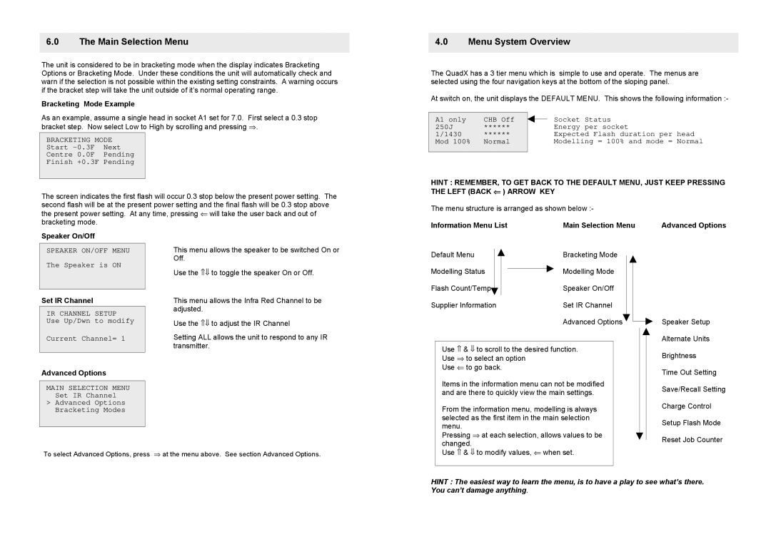 Bowens QuadX 3000 Bracketing Mode Example, Information Menu List Main Selection Menu, Speaker On/Off, Set IR Channel 