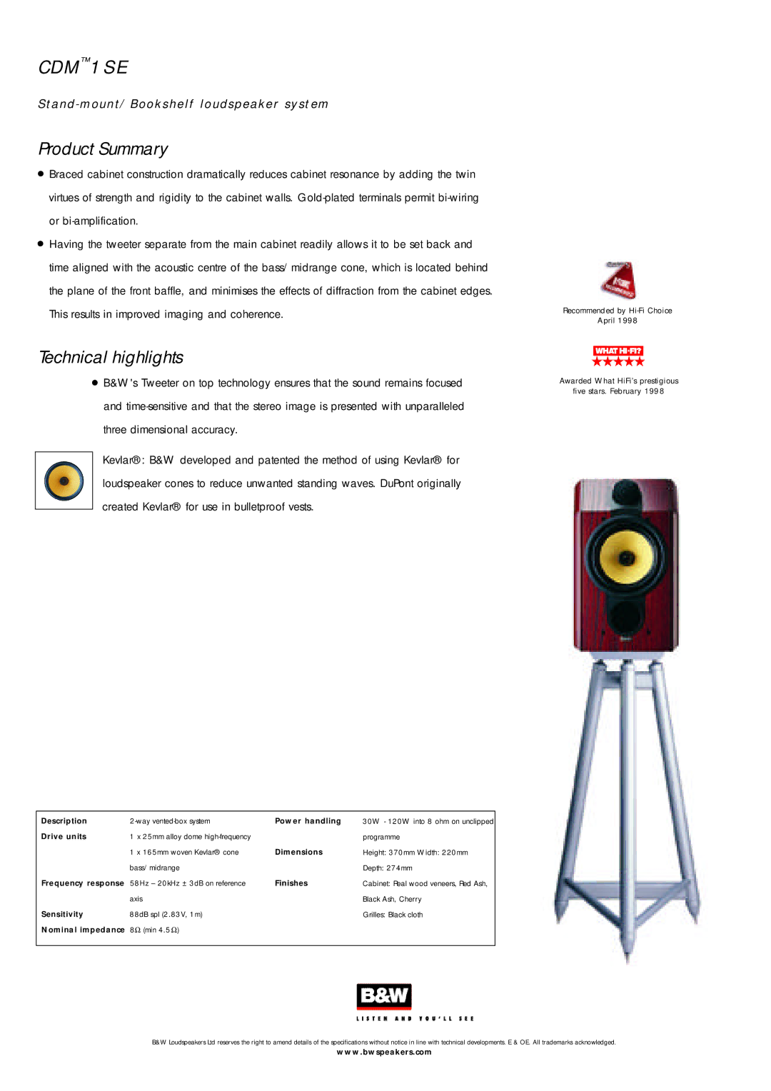 Bowers & Wilkins 1 SE specifications CD M1SE, Sta nd mount/Bookshelf loudspeaker syst em Product Summary 