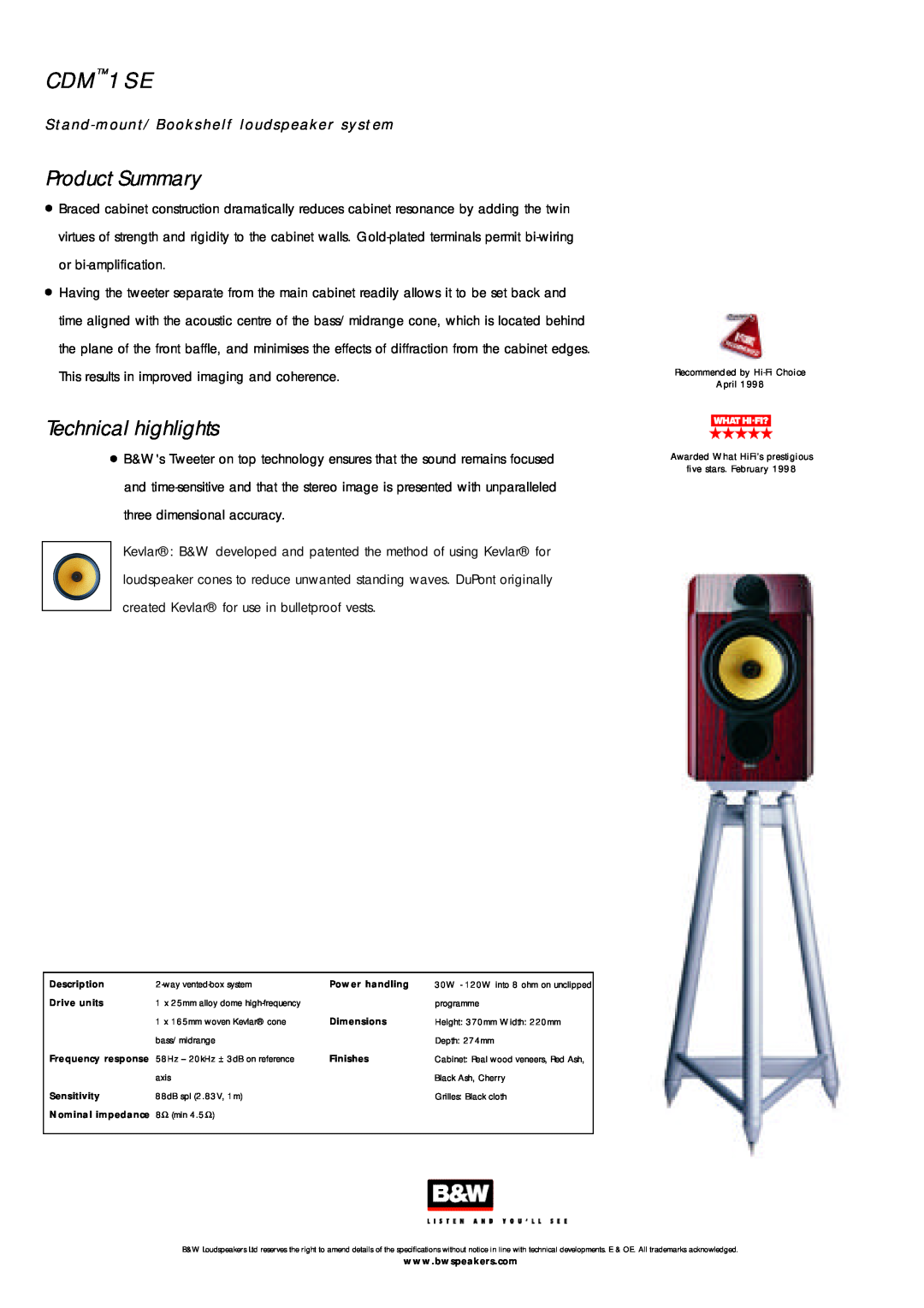 Bowers & Wilkins 1 SE specifications CD M1SE, Sta nd - mount/Bookshelf loudspeaker syst em, Product Summary 