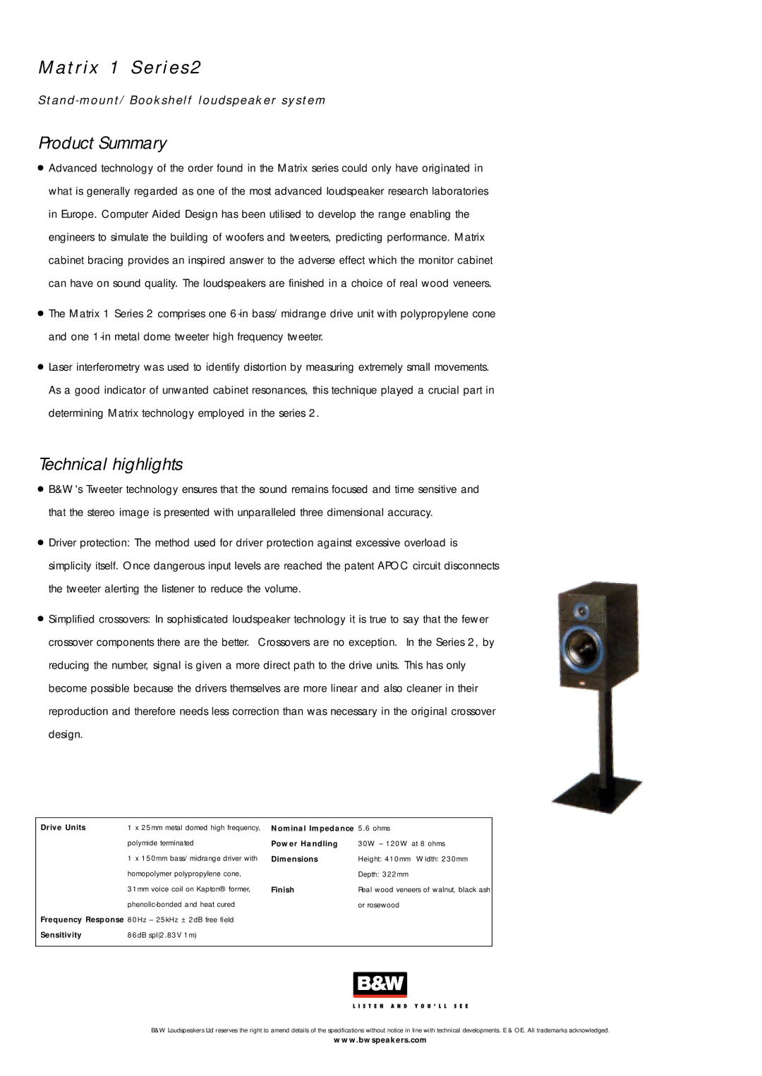 Bowers & Wilkins 1 Series2 specifications T r i x 1 S e r i e s, Technical highlights 