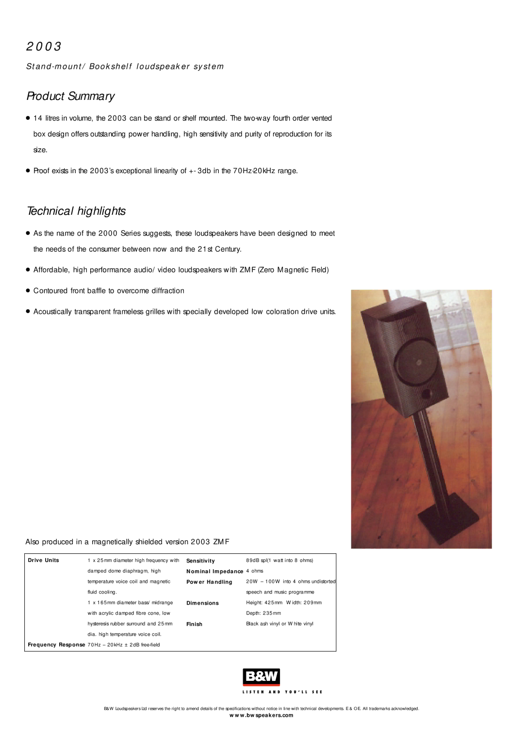 Bowers & Wilkins 2000 Series specifications Technical highlights 