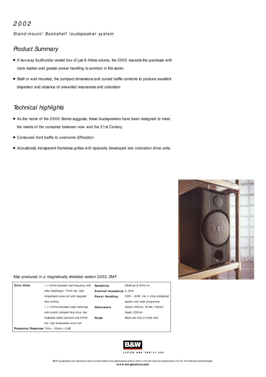 Bowers & Wilkins 2002 dimensions Technical highlights 