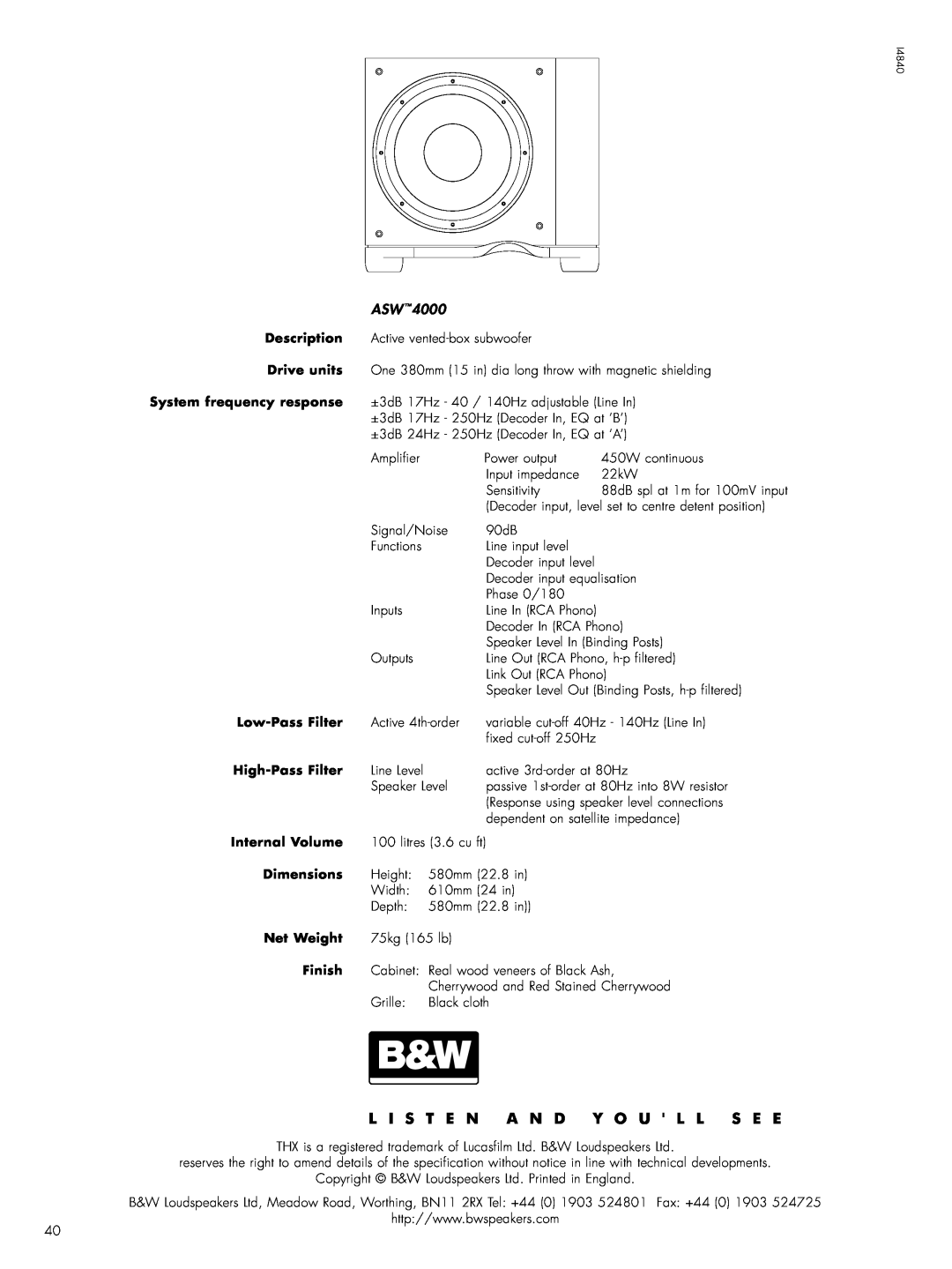Bowers & Wilkins owner manual Low-PassFilter, High-PassFilter, Internal Volume, Dimensions, Net Weight, Finish, ASW4000 