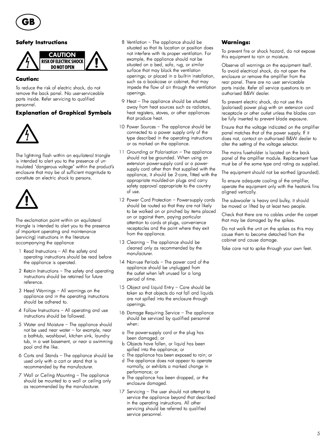 Bowers & Wilkins 4000 owner manual Safety Instructions, Explanation of Graphical Symbols, Warnings 
