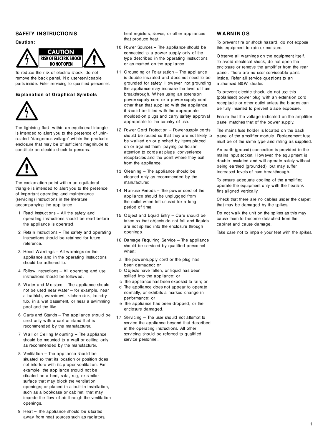 Bowers & Wilkins 600 Series2 owner manual Safety Instructions, Explanation of Graphical Symbols 