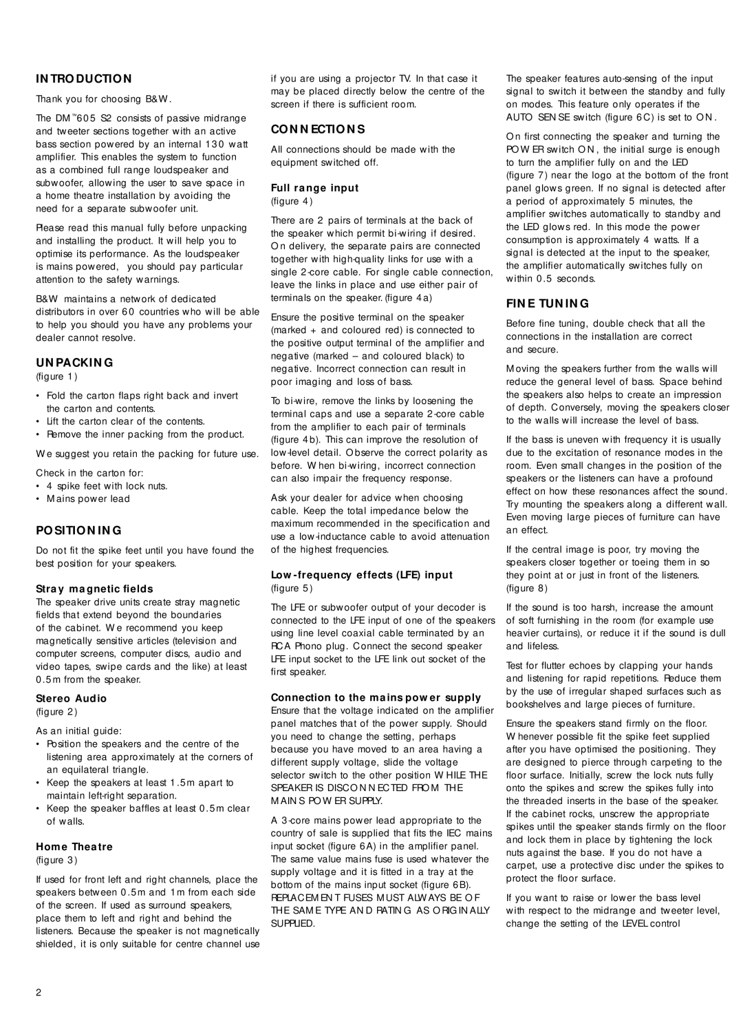 Bowers & Wilkins 600 Series2 owner manual Introduction, Unpacking, Positioning, Connections, Fine Tuning 