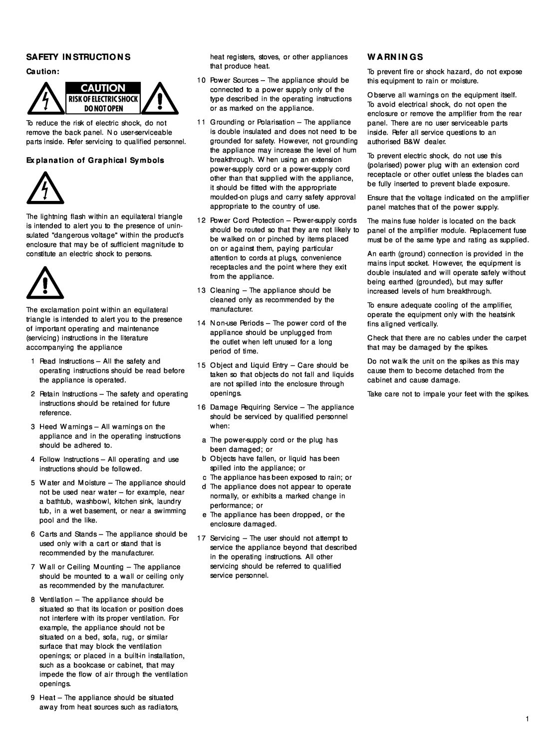 Bowers & Wilkins 600 Series2 owner manual Safety Instructions, Warnings, Explanation of Graphical Symbols 
