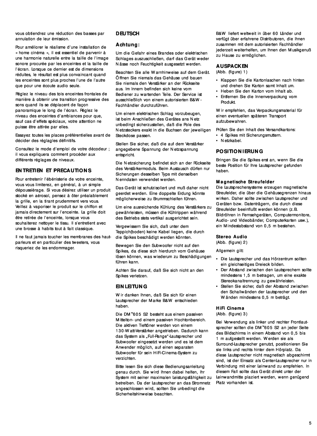 Bowers & Wilkins 600 Series2 owner manual Entretien Et Precautions, DEUTSCH Achtung, Einleitung, Auspacken, Positionierung 