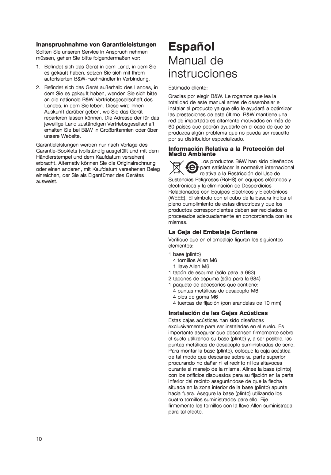 Bowers & Wilkins 600, 683 owner manual Español, Manual de instrucciones, Inanspruchnahme von Garantieleistungen 