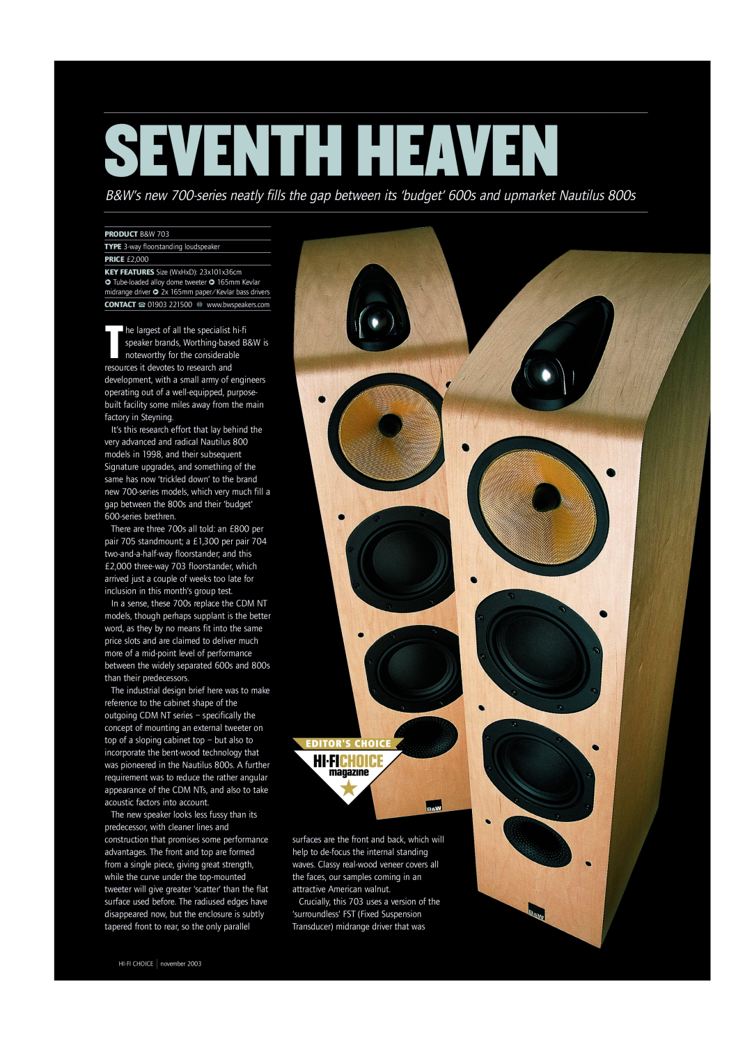 Bowers & Wilkins 700 manual Seventh Heaven, Product B&W, PRICE £2,000 
