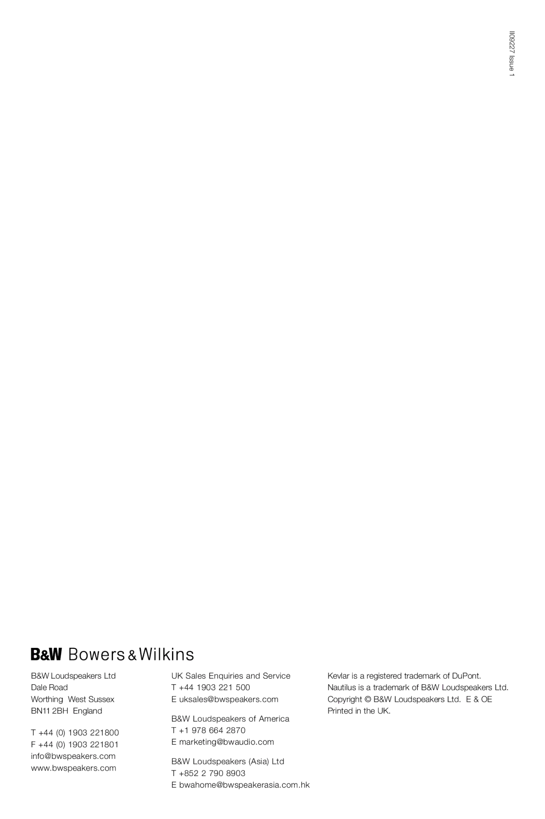 Bowers & Wilkins 704, 703 owner manual II09227 Issue 