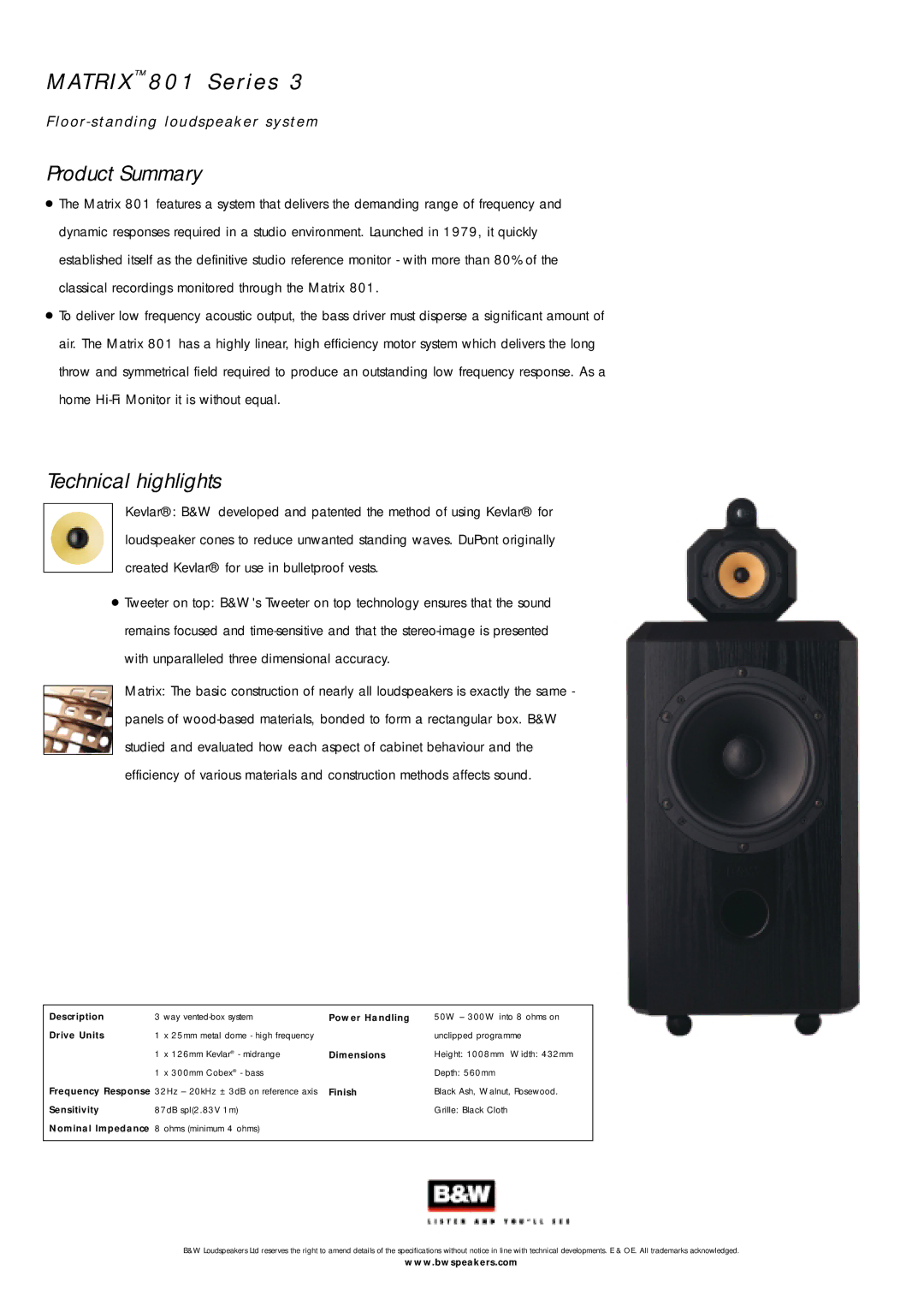 Bowers & Wilkins 801 Series 3 specifications AT R I X 801 Series, Floor standing loudspeaker system Product Summary 