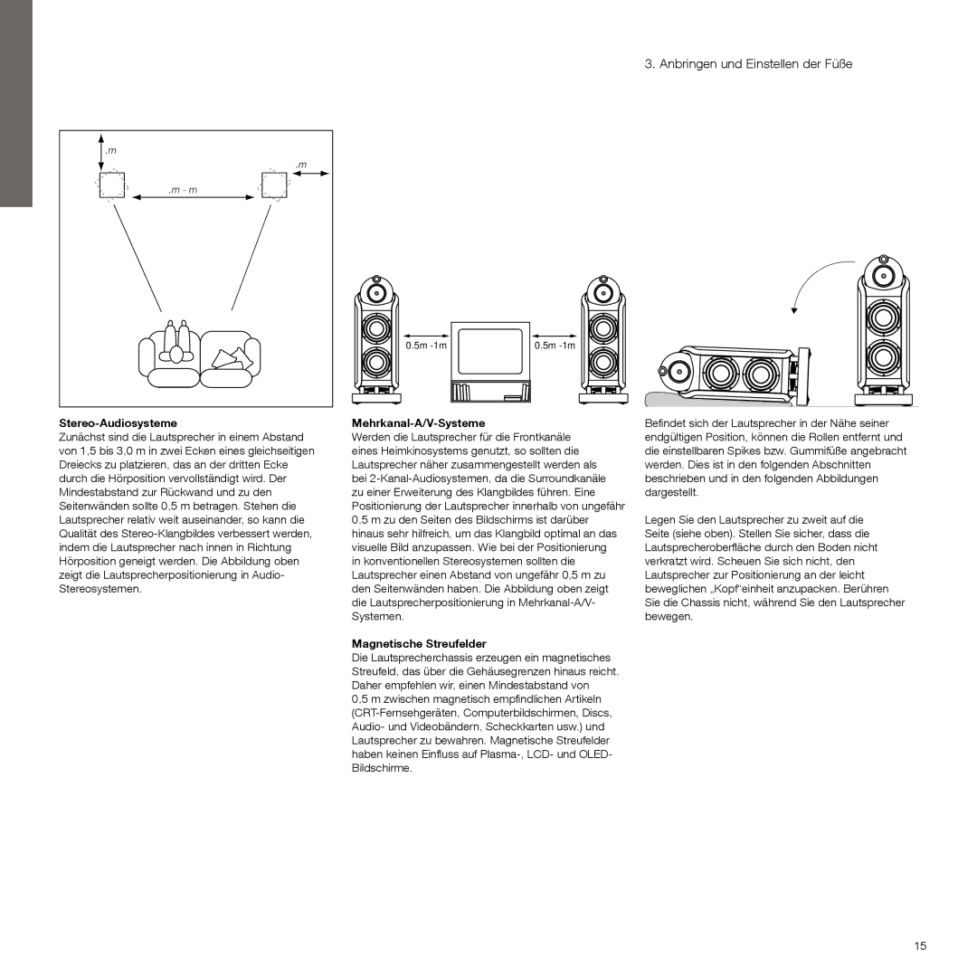 Bowers & Wilkins 800, 802 manual Anbringen und Einstellen der Füße, Stereo-Audiosysteme, Mehrkanal-A/V-Systeme 