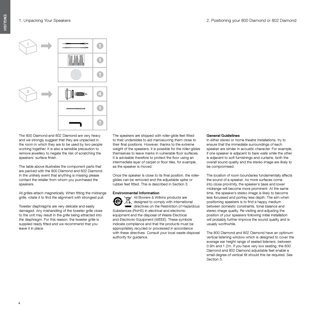 Bowers & Wilkins 802, 800 manual Unpacking Your Speakers, Environmental Information, General Guidelines 